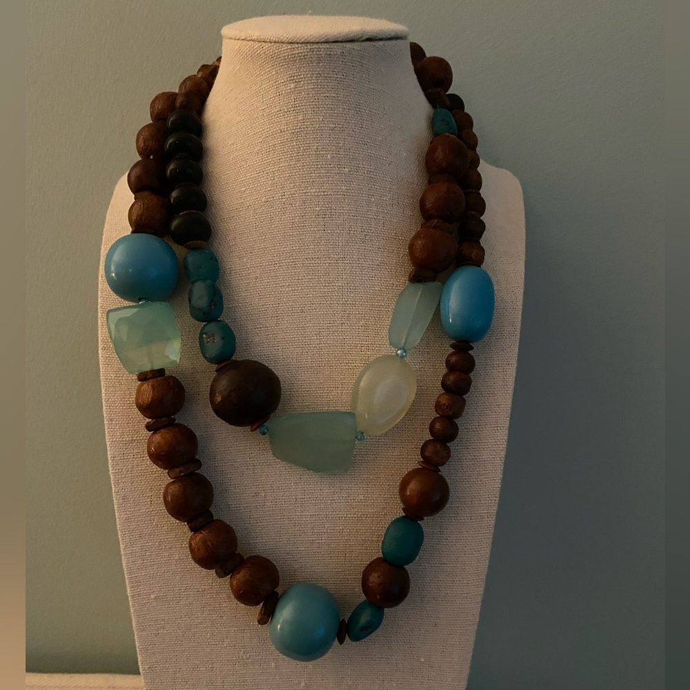 Turquoise, Chalcedony, & Wood Bead Necklace.